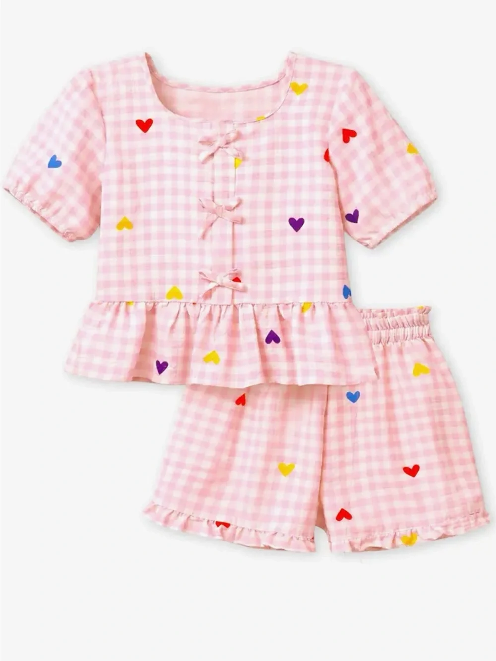 Cutie Patootie Girls Pink Gingham Heart Toddlers 2pc Puff Sleeve Short Set